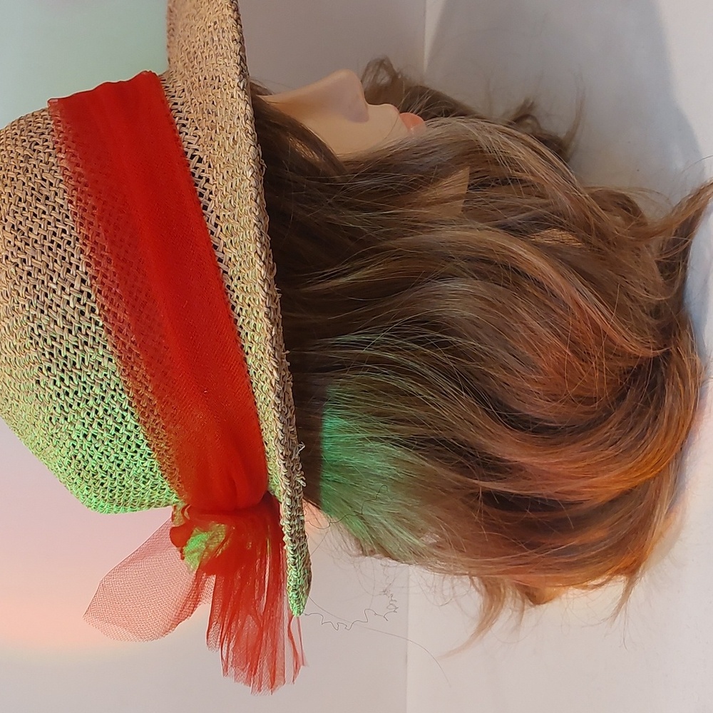 Straw Woven Hat with Red Scarf Band - Picture 2 of 5